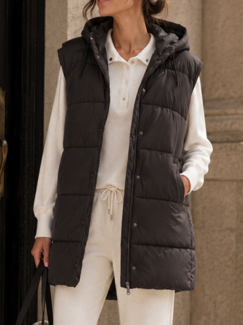 Zella Longline Hooded Puffer Vest in Black Size XS